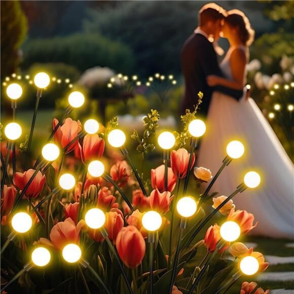 Solar Garden Lights Outdoor 4 Pack 32 LED Firefly Effect Warm White Solar - Picture 2 of 7